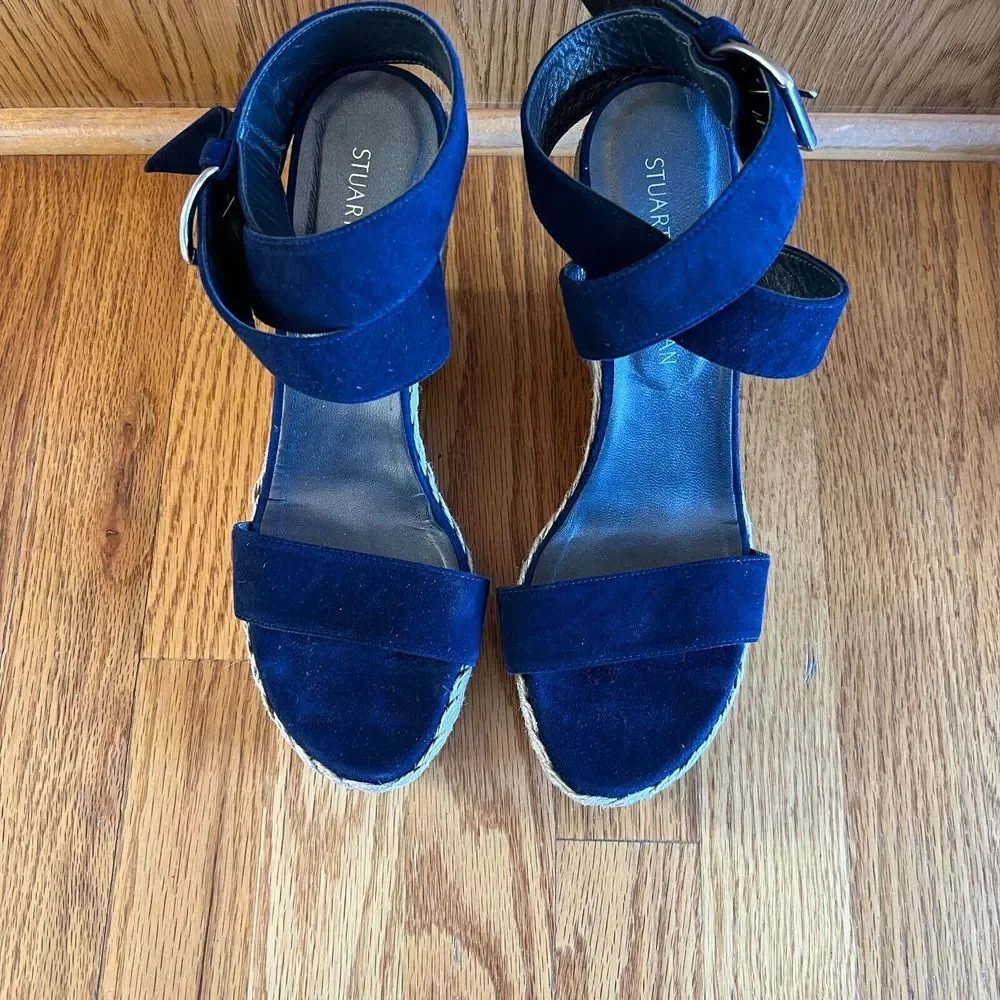 Stuart Weitzman High Chunky Platform Sandal 9.5 M Blue Suede Strappy‎ Wedge Heel